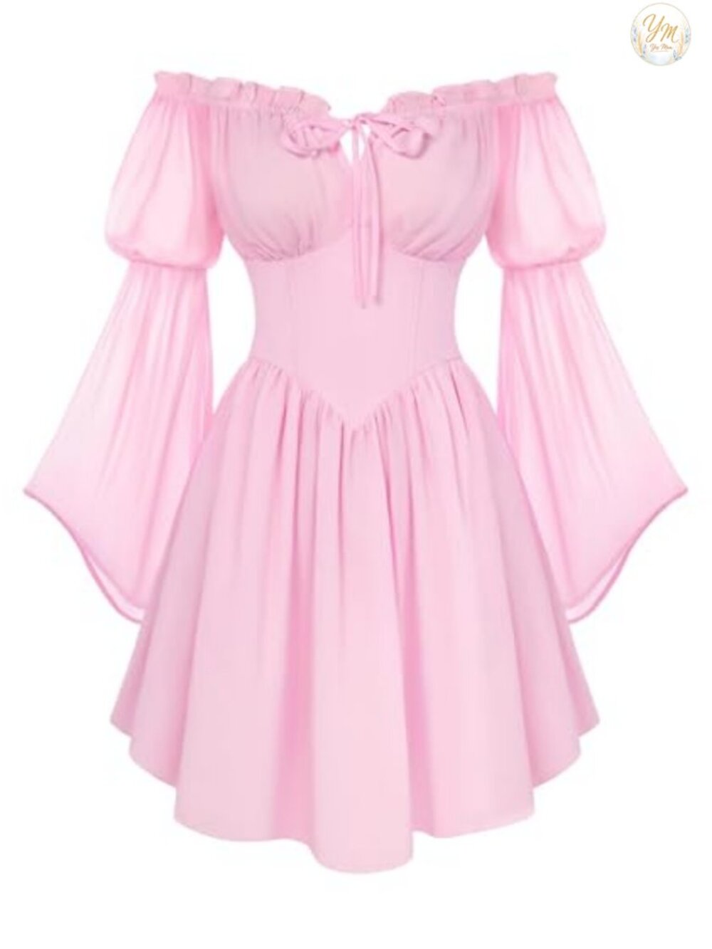 Renaissance Fairy Witchy Chiffon Dress with Pockets Off Shoulder Bell Sleeve